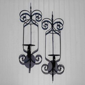 Black Wrought Iron Wall Sconce Pair Pillar Candle Holders Sconces Candelabras